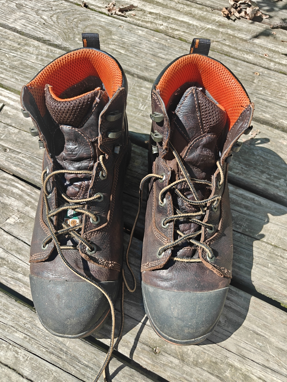 Timberland Brown Leather Work Boots with Orange Lining